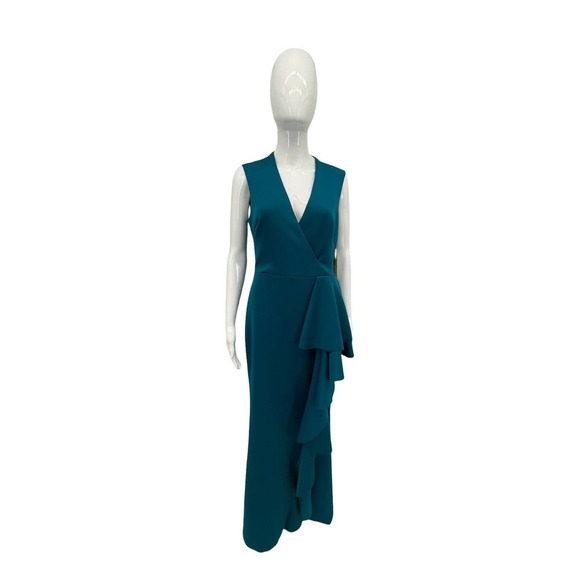 ELIZA J Womens In Peacock Ruffle Stretch Satin Gown Size 8 - Picture 3 of 10